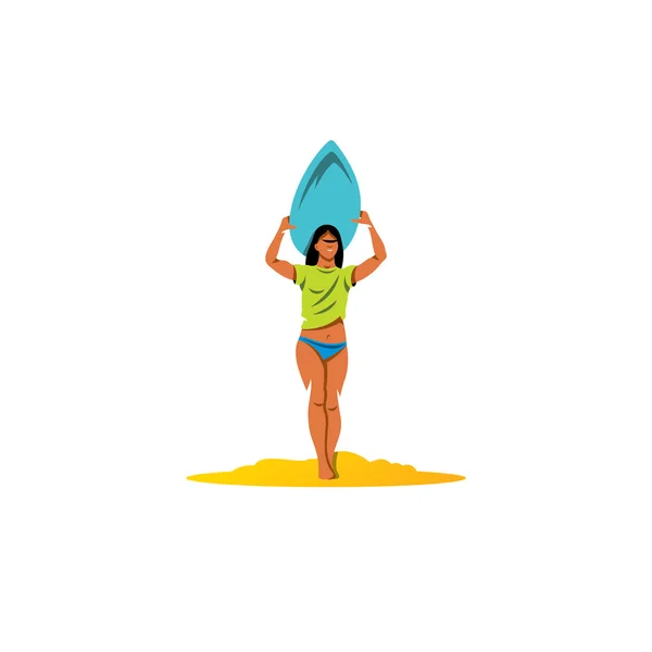 Hermosa chica surfista con tabla de surf. Ilustración vectorial . — Archivo Imágenes Vectoriales