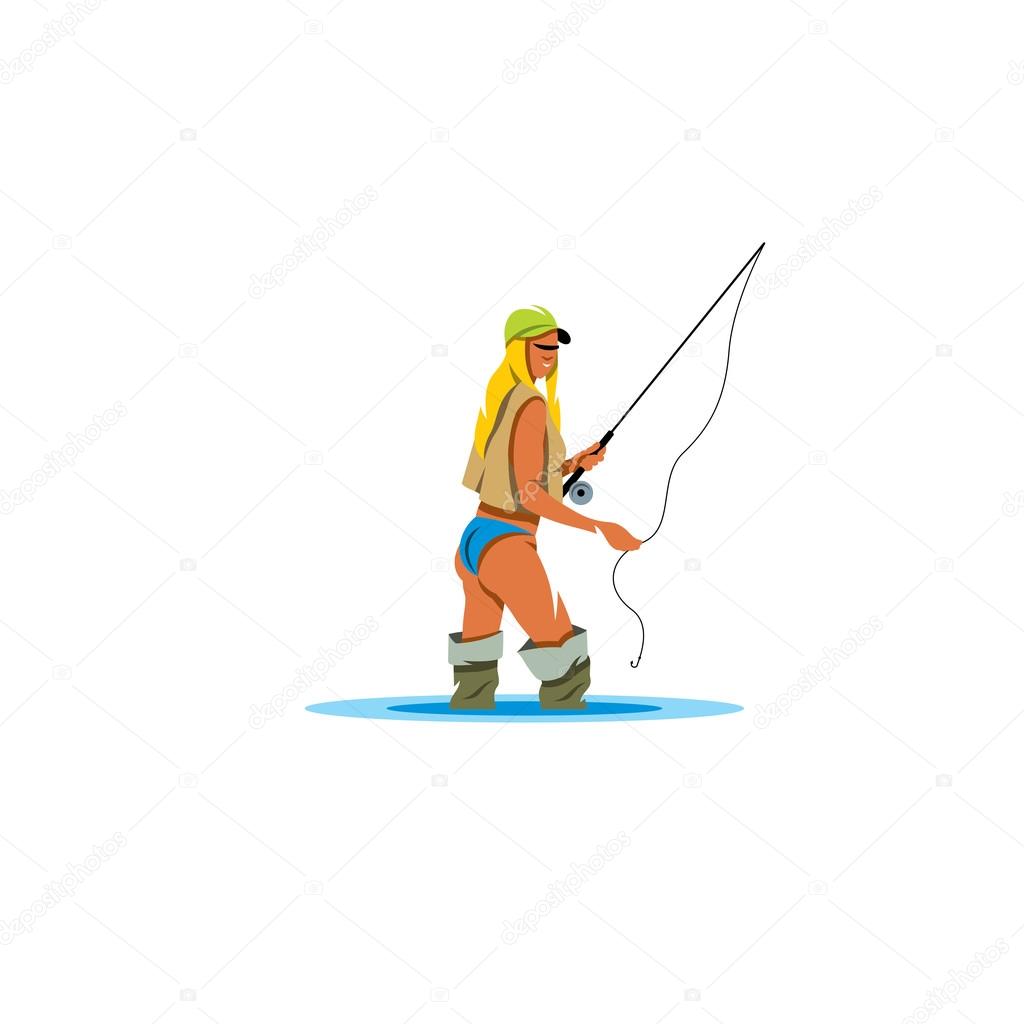 Woman Holding a Fishing Rod sign. Vector Illustration. Branding Identity Corporate logo design template Isolated on a white background