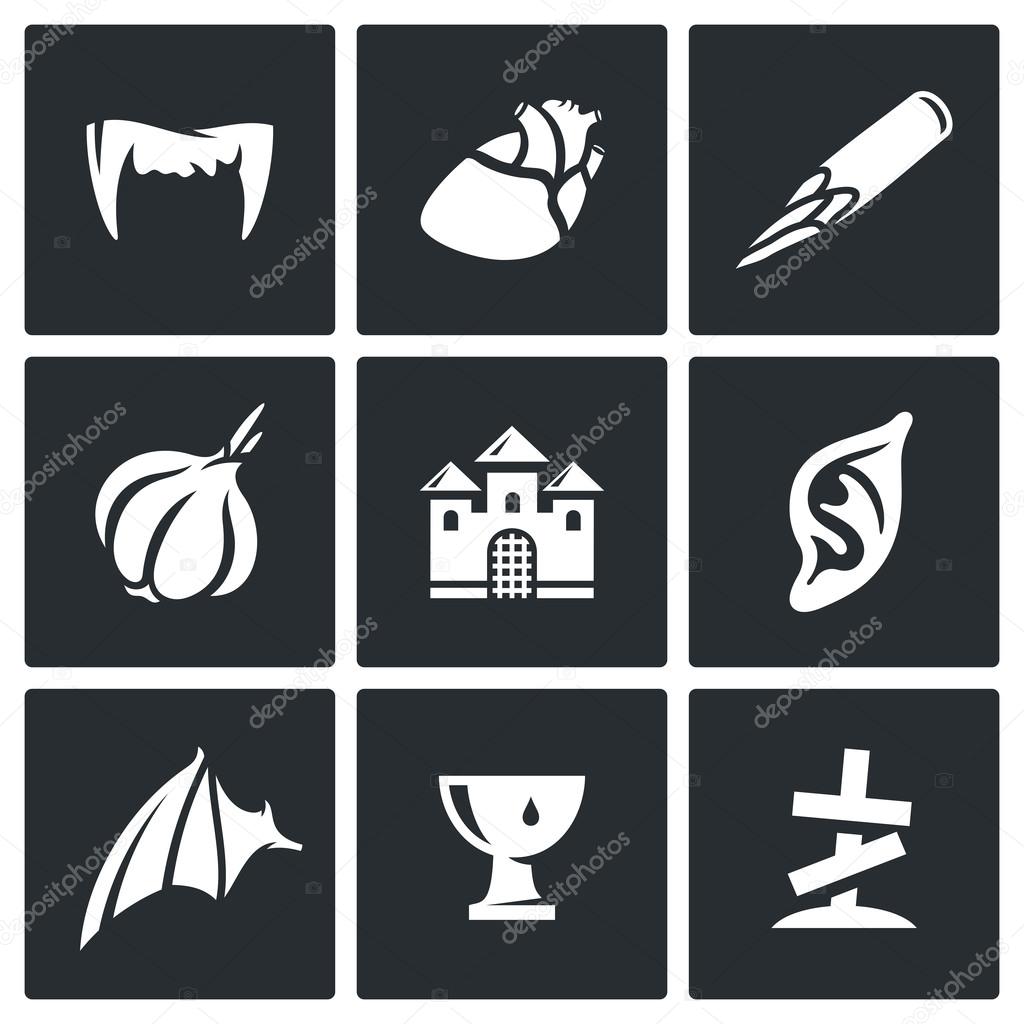 Vampires and means against them icons set.