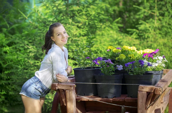 Улыбающаяся девушка прислонилась к стенду за цветами в горшках — стоковое фото