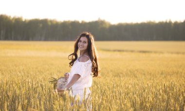 Smiling beautiful girl in a Golden wheat field turned clipart