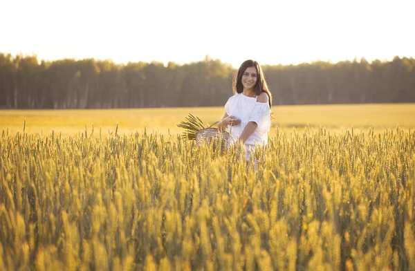 Sonriendo hermosa chica está caminando a través de un campo de trigo con canasta de maíz — Foto de Stock