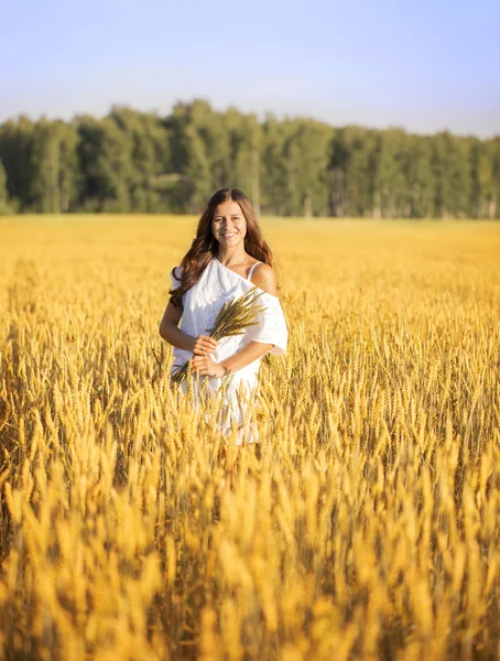 Smiling beautiful girl in wheat field with ears in his hands — 图库照片