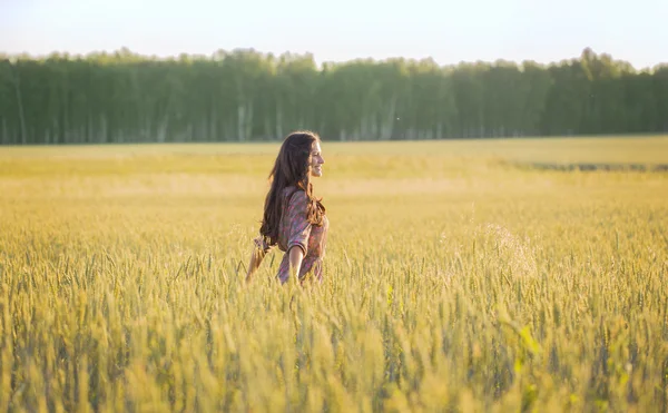 Slim girl in Golden wheat ears in the field — Stockfoto