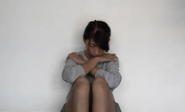 Unhappy Woman Sits Hugs Her Knees Chest Upset Sad Feeling — Stock Photo, Image