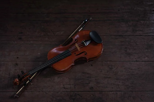 Violon Archet Sur Panneau Bois Détail Instrument Acoustique — Photo