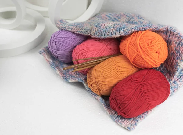 Colorful Yarn Balls Put Crochet Bag Blurry Light — Stock Photo, Image