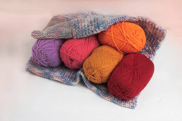 Colorful Yarn Balls Put Crochet Bag Blurry Light — Stock Photo, Image
