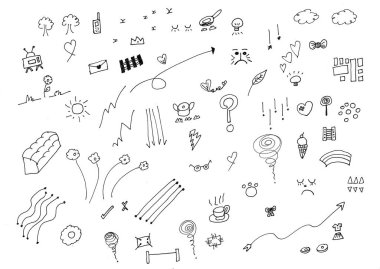 Beyaz kağıda siyah kalemle el çizimi. Karalama tasarımı.