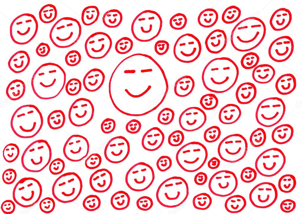 Hand drawing of smiling face from red line and circle,on white paper,Doodle work