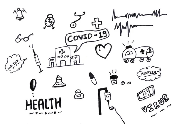 Dibujo Mano Iconos Dibujos Animados Sobre Salud Conjunto Hospitalario Sobre — Foto de Stock