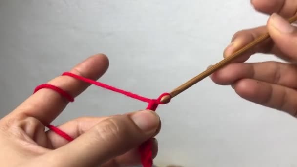 Woman Hand Using Crochet Hook Yarn Kniting Work — Stock Video