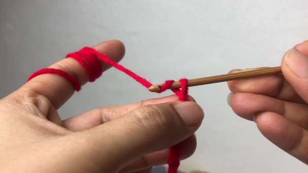 編み作業のためのかぎ針編みのフックと糸を使用して女性の手 — ストック動画