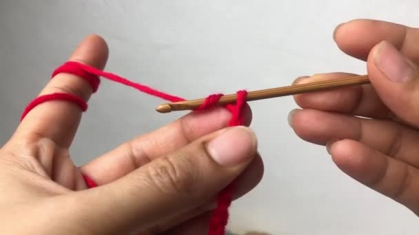 Woman Hand Using Crochet Hook Yarn Kniting Work — Stock Video