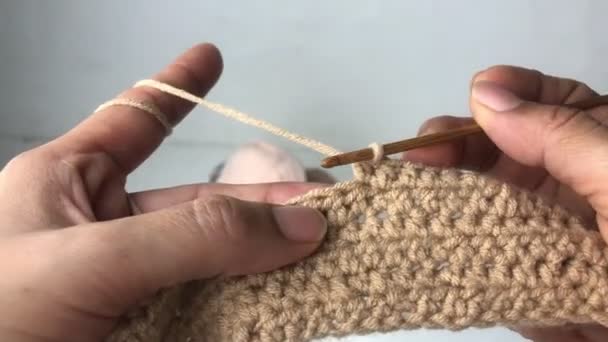 Woman Hand Using Crochet Hook Yarn Kniting Work — Stock Video