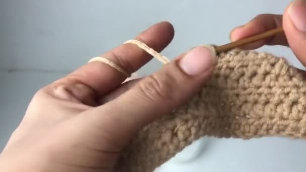 Woman Hand Using Crochet Hook Yarn Kniting Work — Stock Video