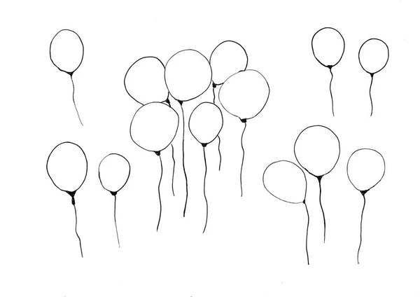 Ruční Kresba Balónků Černým Inkoustem Bílém Papíru — Stock fotografie
