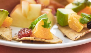 Dilimlenmiş portakal ve kuru üzümün seçici odağı üzerine kraker konmuş. Kanape meyvesinden ev yapımı, bulanık ışık.