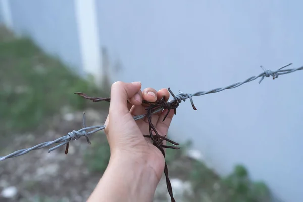 Mão Humana Toque Barbwire Velho Envelhecido Luz Embaçada Torno — Fotografia de Stock