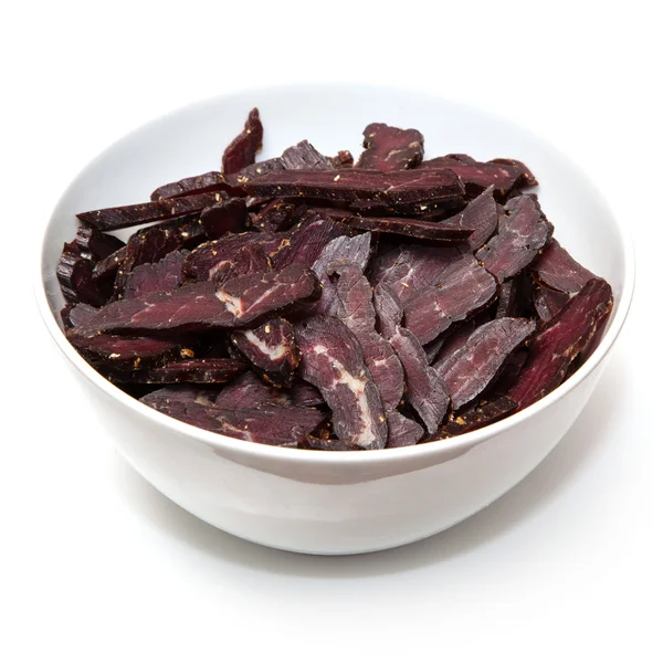 Sliced biltong in whte bowl — Stock Photo, Image
