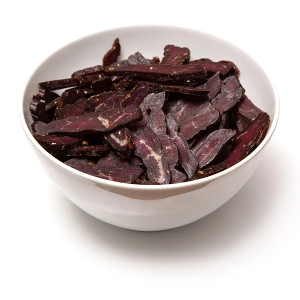 Biltong affettato in ciotola whte — Foto Stock