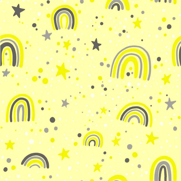 scandinavian seamless pattern clouds, rain, sun and rainbow. Cute simple doodle background for children room textile, wallpaper