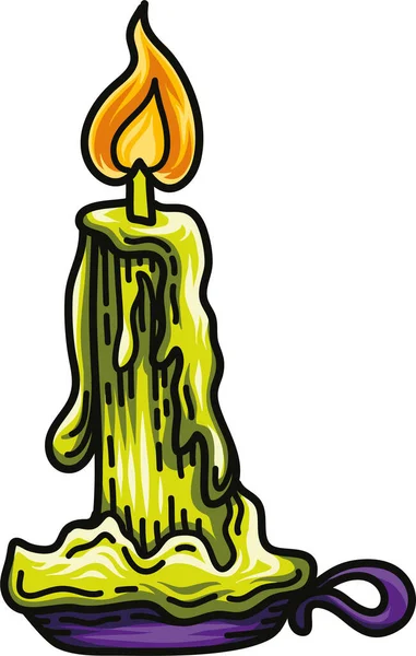 Vosková svíčka na svícnu se zapáleným ohněm, zelená, Halloween — Stockový vektor