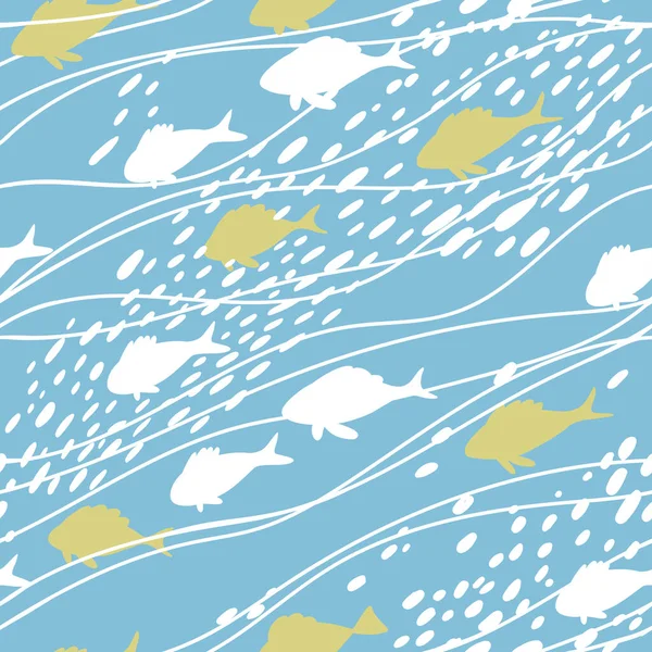 Бесшовный узор с нарисованными вручную морскими волнами в стиле эскиза. Векторный бесконечный фон в голубых цветах. — стоковый вектор