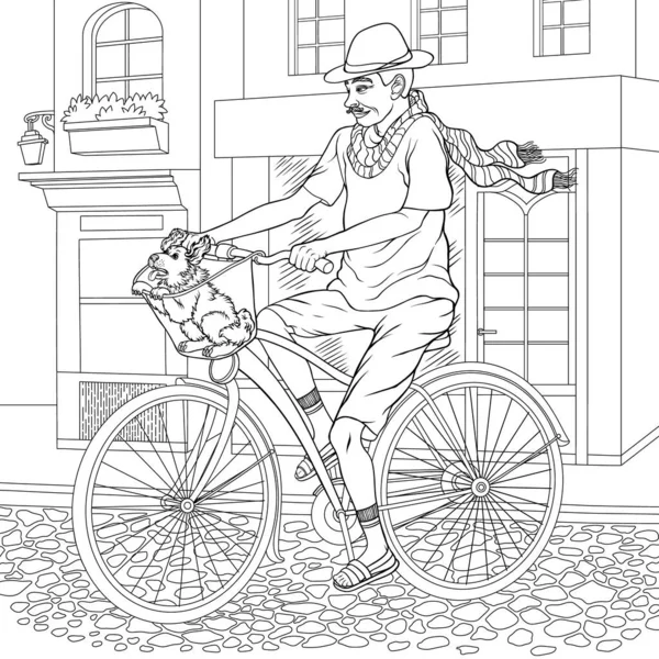 Colorir livro para um homem adulto com um cão em uma bicicleta. Livro para colorir em estilo linha. Paisagens europeias. Coleção da Europa. Ilustração vetorial. — Vetor de Stock