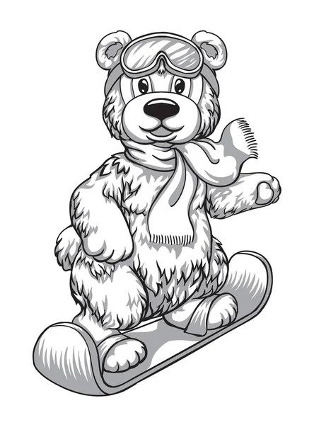 Alfombra, oso sobre esquís, dibujo en blanco y negro, bordado, estampado para tela — Vector de stock