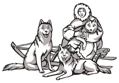 Kızak köpekleri, hayvan yardımcıları. Bir adamı süren köpeklerin doğrusal çizimi, kuzey insanlarının gelenekleri, siyah beyaz çizimler.