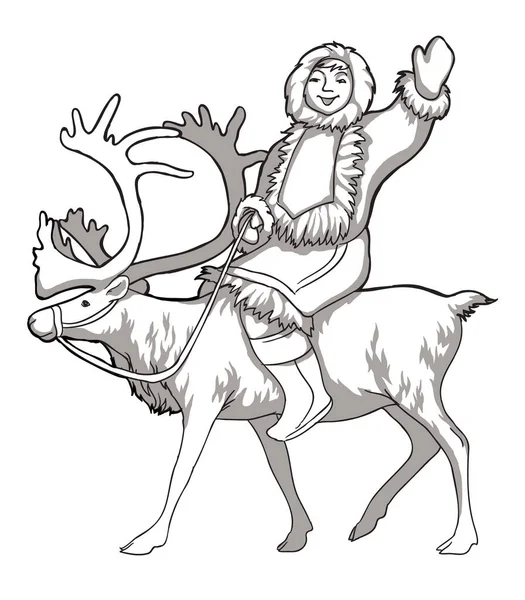 Caribou herten en inheemse volkeren van Noord-Rusland. Vintage zwart-wit tekening. Vector illustratie. Natuur en mens. — Stockvector