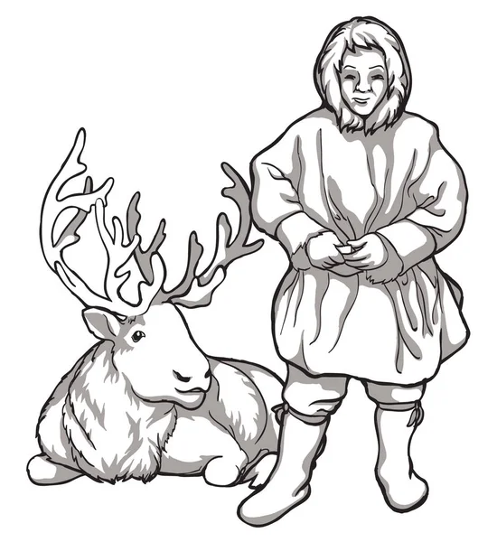 Ren geyiği ve Kuzey Rusya 'nın yerli halkı. Klasik siyah beyaz çizim. Vektör çizimi. Doğa ve insan. — Stok Vektör