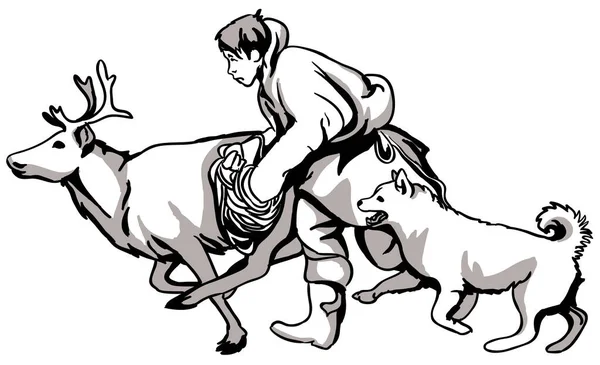 Caribou herten en inheemse volkeren van Noord-Rusland. Vintage zwart-wit tekening. Vector illustratie. Natuur en mens. — Stockvector