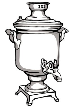 Samovar, Rus gelenekleri, çay içme. Çizim siyah ve beyaz.