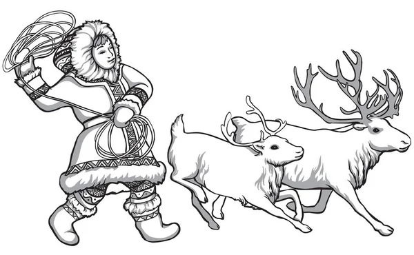 俄罗斯北部的驯鹿和土著人民。古色古香的黑白图画.矢量图解。自然与人类. — 图库矢量图片