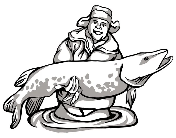 Рибалка ловить рибу, рибалка з ловлею, чорно-білий малюнок — стоковий вектор