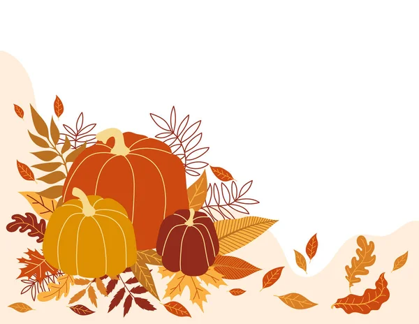 Illustrazione vettoriale zucca arancione. Autunno zucca di Halloween, icona grafica vegetale o timbro. Cornice colorata con zucche e foglie — Vettoriale Stock