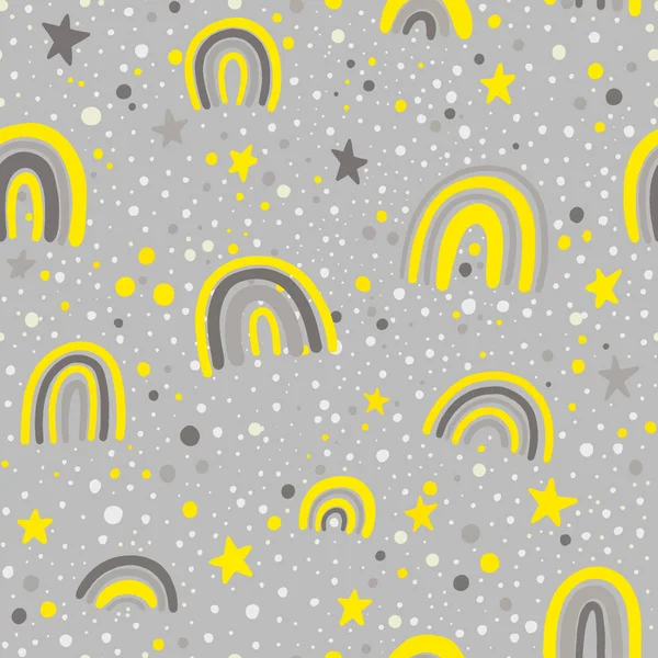 scandinavian seamless pattern clouds, rain, sun and rainbow. Cute simple doodle background for children room textile, wallpaper