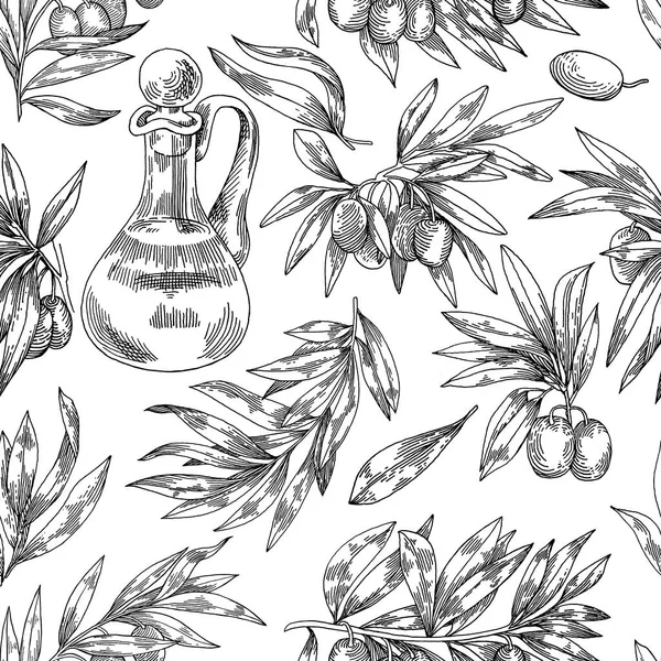 Patroon met olijven in de stijl van graveren, zwart-wit tekening, biologisch voedsel — Stockfoto