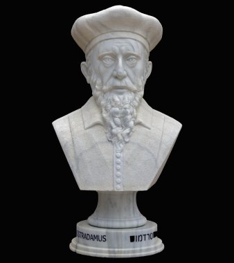 Nostradamus. Beyaz mermer büstü. İzole.
