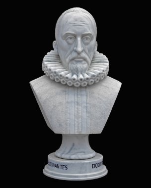 Cervantes. Beyaz mermer büstü. İzole.