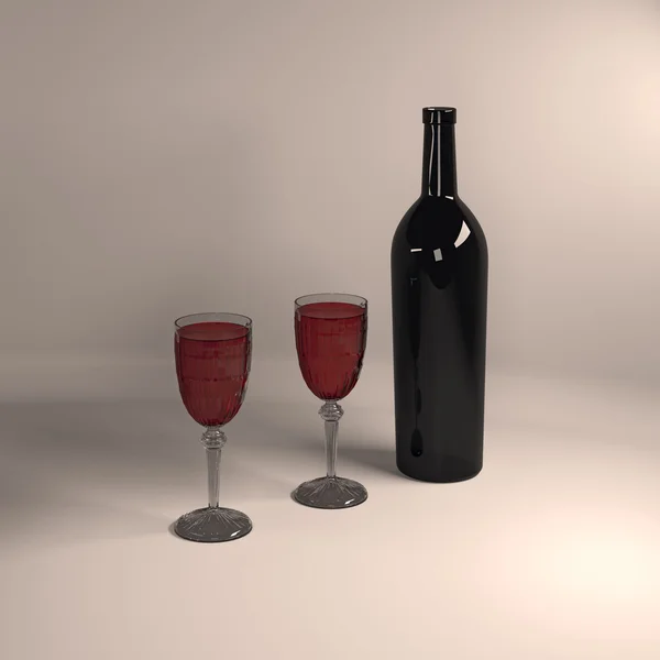 Dos copas de vino tinto y botella . — Foto de Stock
