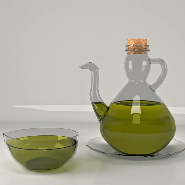 Glass jug and a cup of olive oil. — Stock Photo, Image