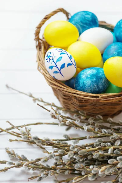 Osterhintergrund mit bunten Eiern und Kätzchen — Stockfoto