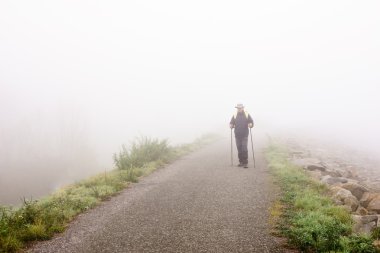 uzun yürüyüşe çıkan kimse sonbahar sis içinde