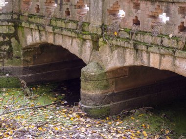 Sonbahar - Sonbahar sisli parktaki eski tuğla köprü