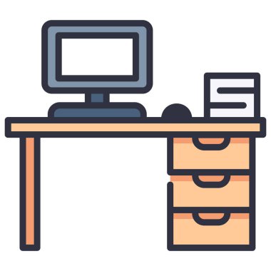 Ofis simgesi, vektör illüstrasyonu. ofis masası bilgisayarı