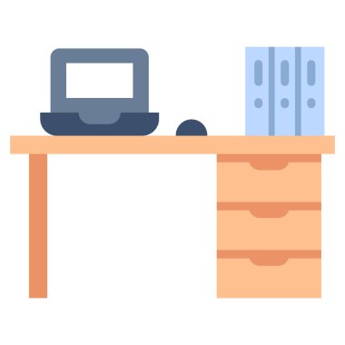 Ofis simgesi, vektör illüstrasyonu. Ofis masası laptopu