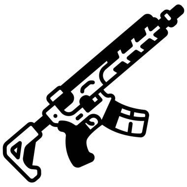 Beyaz arka planda askeri simge, vektör illüstrasyonu, savaş alanı konsepti, saldırı tüfeği